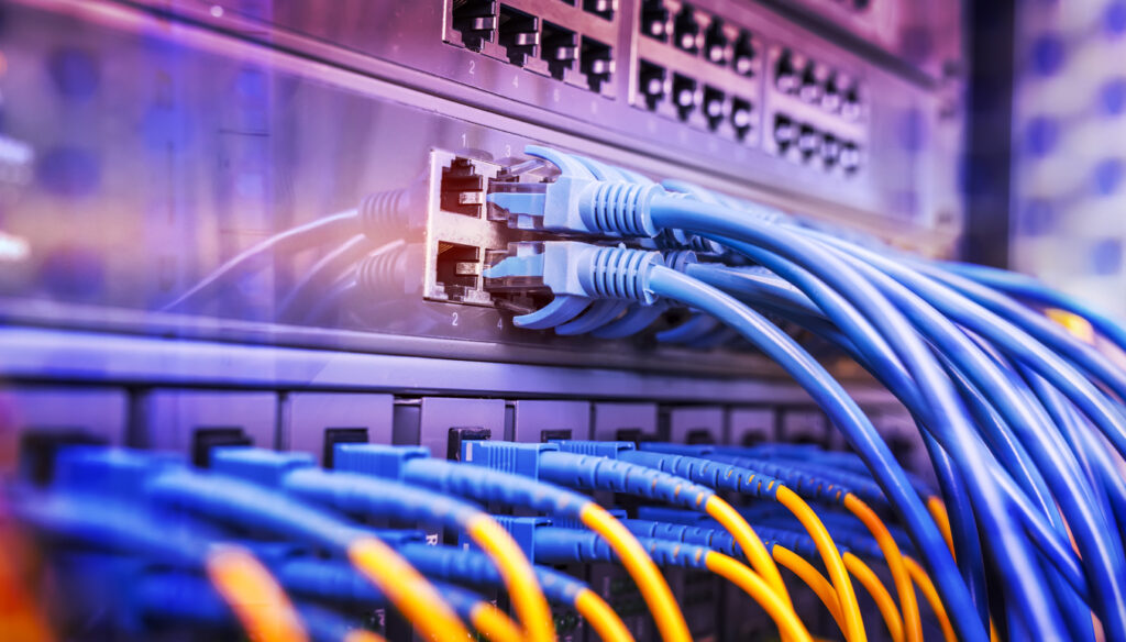 Server rack with blue and red internet patch cord cables connected to black patch panel in data server room